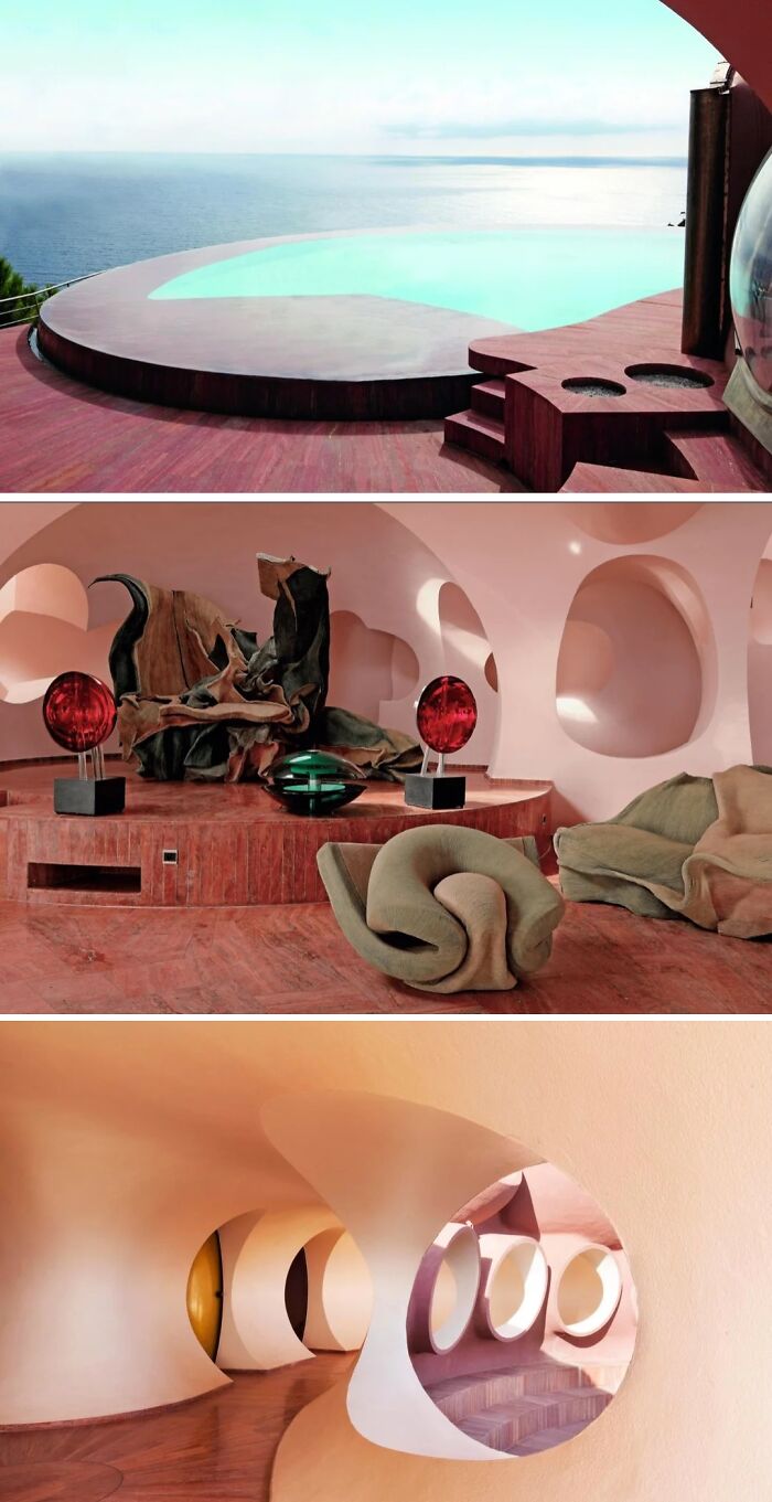 Three images showing remarkable designs: a circular infinity pool overlooking the ocean, a living room with abstract furniture and sculptures, and a hallway with unique porthole-like windows.
