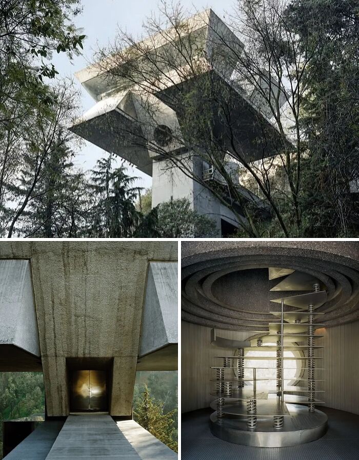 Remarkable Designs of a modern concrete house exterior and a unique interior with a spiral staircase.