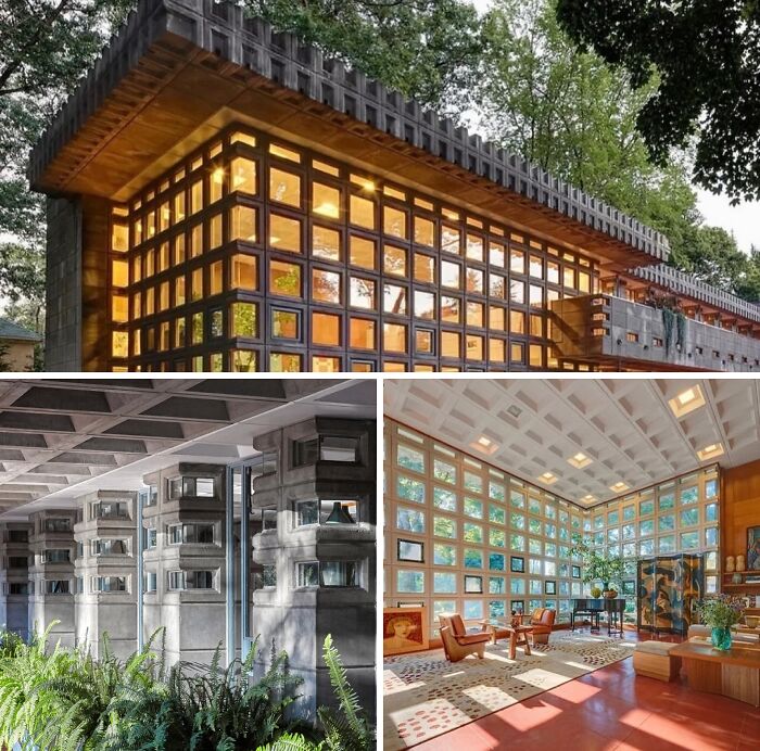 A collage of a remarkable historic interior and exterior with distinctive patterned windows and concrete designs.