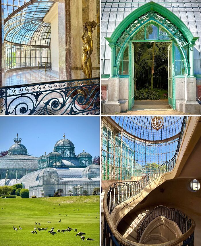 Remarkable Designs: A collage of historic interiors featuring grand glass conservatories and ornate architectural designs.