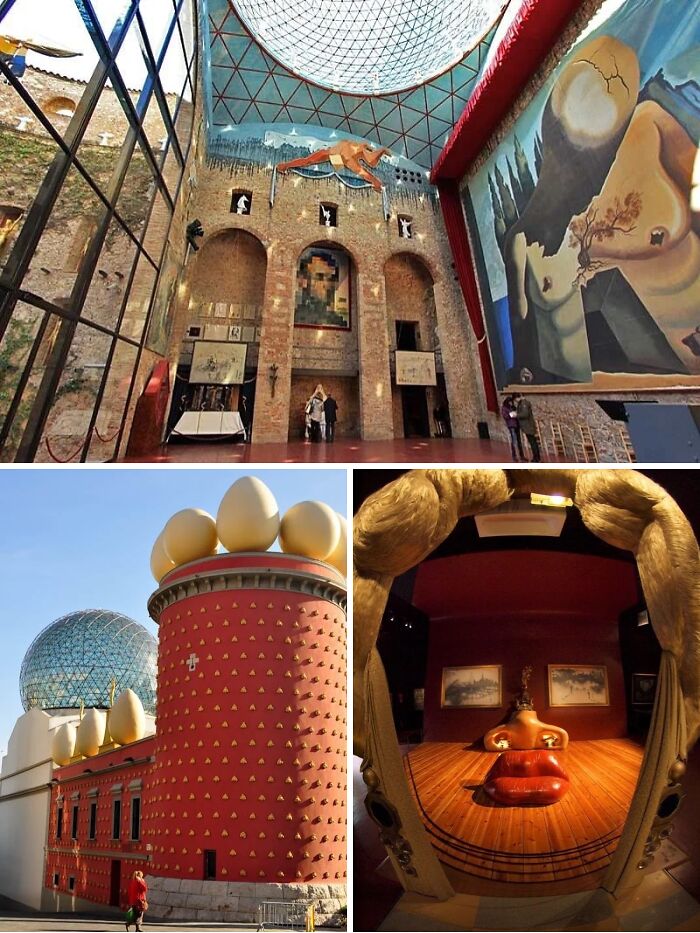 Remarkable historic interiors: four views of a museum with iconic furniture, large art, and architectural designs.