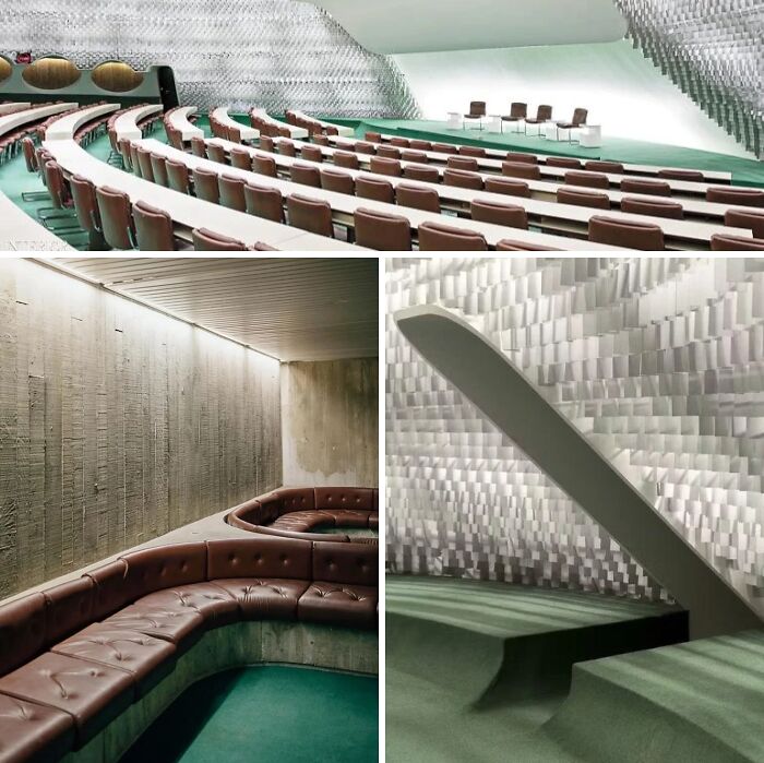 Collage of remarkable designs showing iconic furniture in historic interiors and a textured wall.