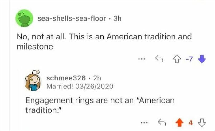 A screenshot of a Reddit conversation where a user claims engagement rings are an American tradition, showing US confusion.