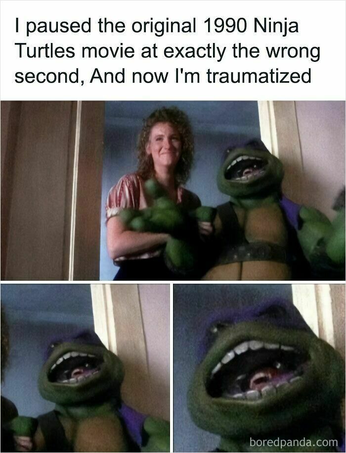 A meme showing a paused scene from the 1990 Ninja Turtles movie with a creepy facial expression on a turtle, celebrating the superior decades of the 80s and 90s.