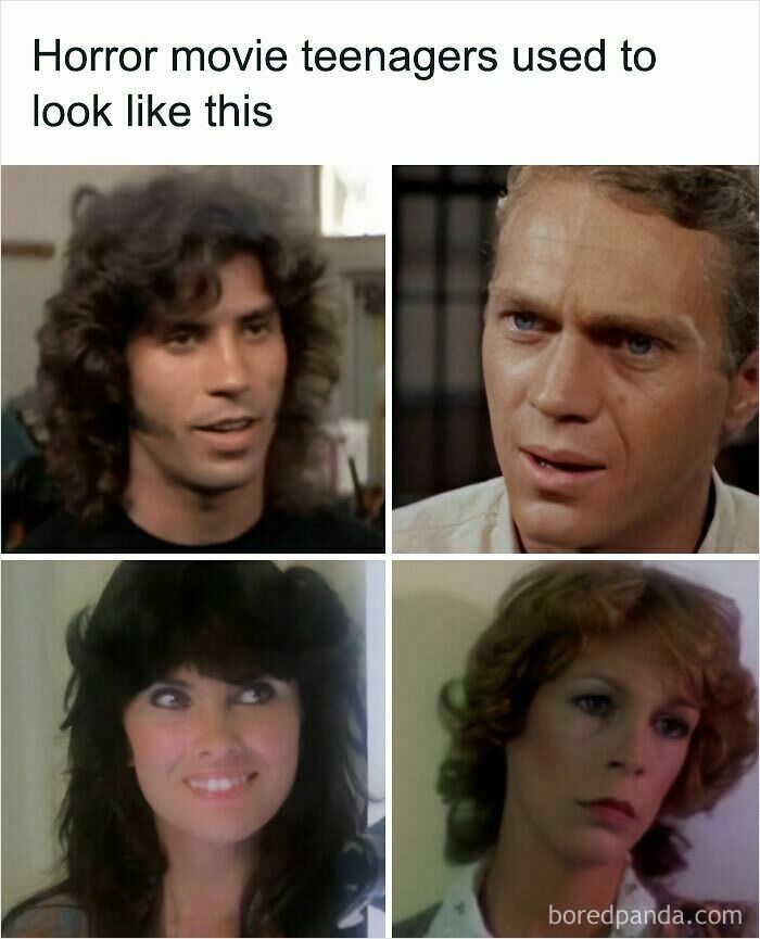 A four-panel image featuring screenshots of actors like John Travolta and Jamie Lee Curtis, with text noting how 80s and 90s horror movie teenagers looked, emphasizing the superior decades.