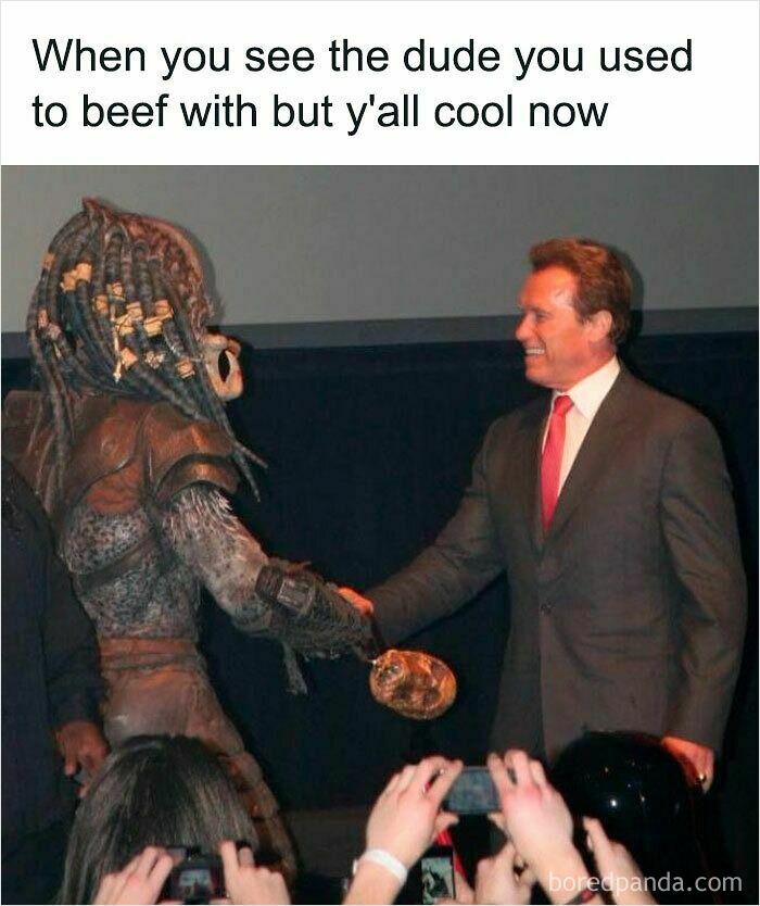 A meme shows Arnold Schwarzenegger shaking hands with someone dressed as the Predator, reflecting on the superior decades of the 80s and 90s.