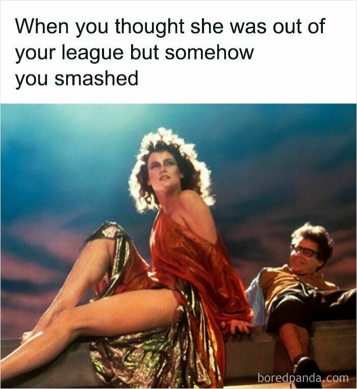 A meme with a woman sitting elegantly and a man next to her, depicting a superior 80s and 90s moment.