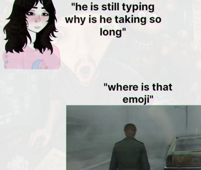 A weird meme illustrating a person waiting for a long text, thinking about finding emojis.