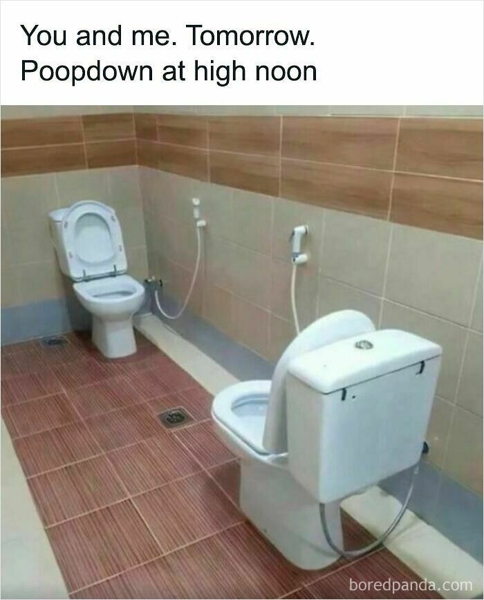 A weird meme showing two toilets facing each other in a bathroom, labeled as a poopdown at high noon.