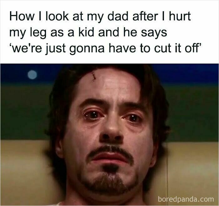 A weird meme showing Robert Downey Jr. as Iron Man, looking scared with the text about his dad wanting to cut off his leg.