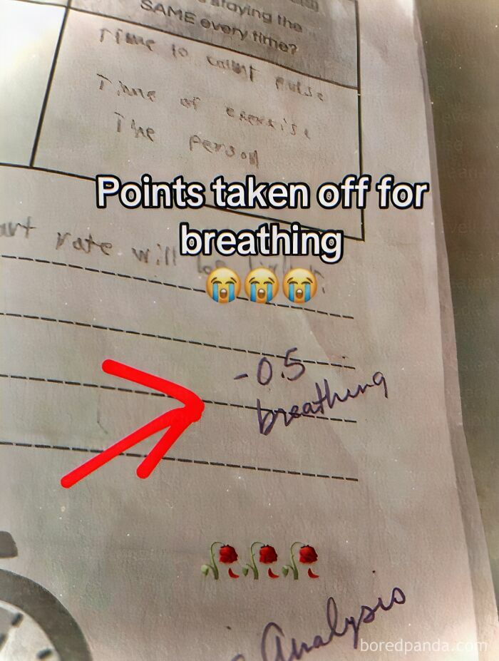 A weird meme showing a school paper with points taken off for breathing.