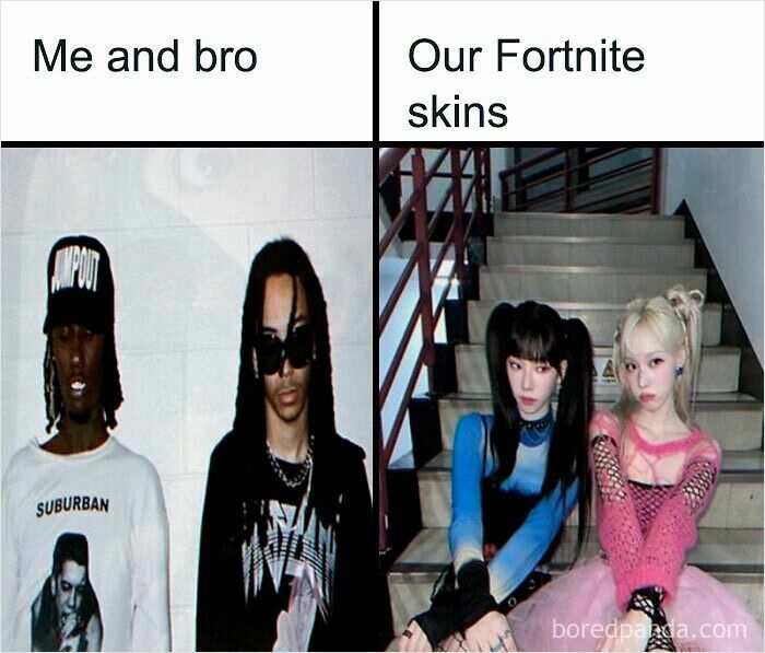 A weird meme comparing two men to two women in colorful outfits, labeled as Fortnite skins.