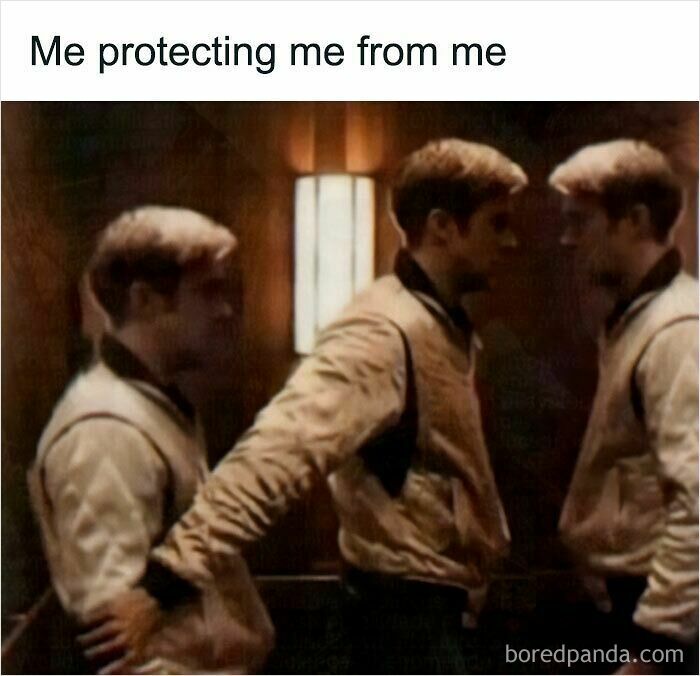 A weird meme showing three identical men, one holding back another in a protective stance.