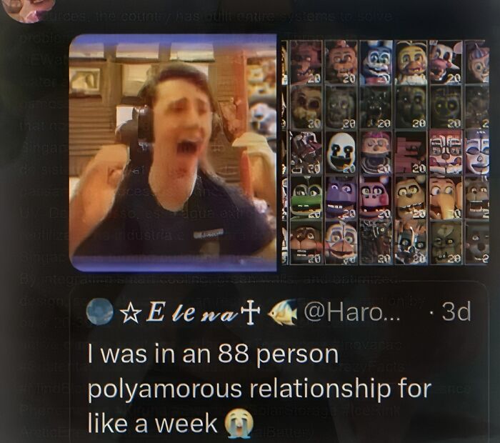 A screenshot of a tweet with a photo of a person reacting to a video game, next to a grid of game characters. A second tweet below discusses an 88-person polyamorous relationship. This image is a weird meme.