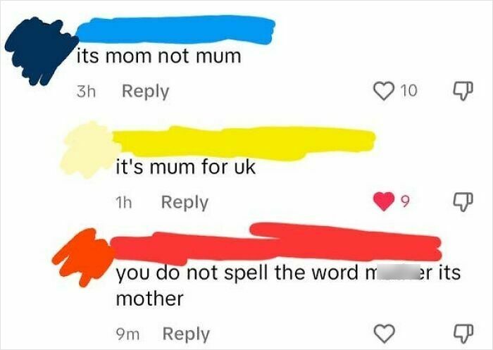 Screenshot of confused Americans arguing about the spelling of mum vs. mom, proving people from the US are very confused.