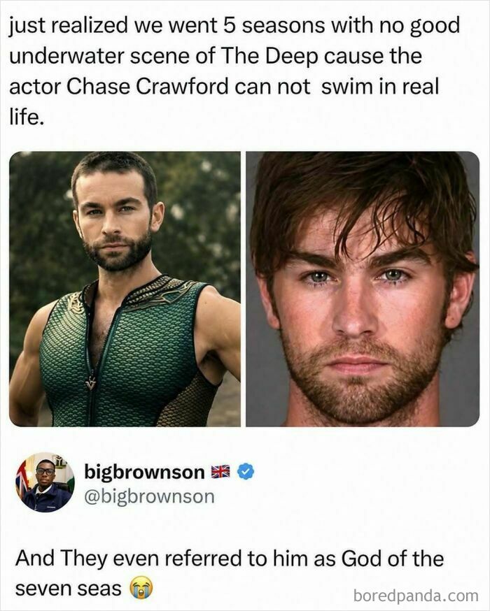 Hilarious memes and roasts: A split image of Chase Crawford as The Deep and a headshot, with text about his swimming.
