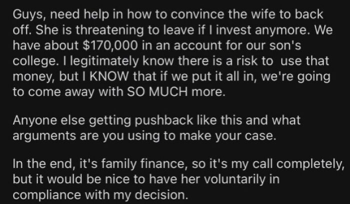 A screenshot of a Reddit post showcasing an entitled man ignoring financial boundaries with his wife.