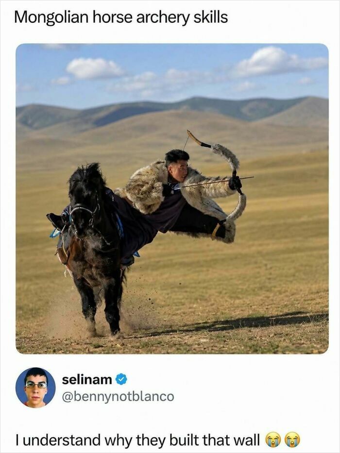 A meme featuring an image of Mongolian horse archery skills, with a person dramatically aiming a bow while riding a horse, generating hilarious memes.