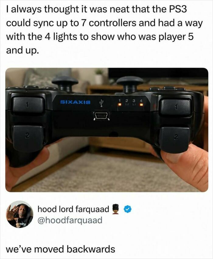 A meme showing a PS3 controller with lights indicating player numbers, sparking hilarious memes about gaming evolution.