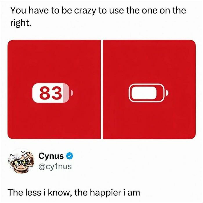 A hilarious meme comparing battery icons: one showing '83' and the other an empty battery symbol.