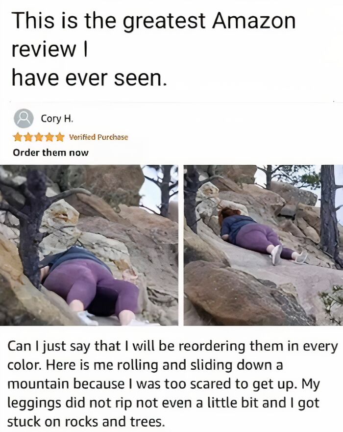 A split image showing a woman in purple leggings rolling down a rocky hill, which is a cringe review causing physical pain.