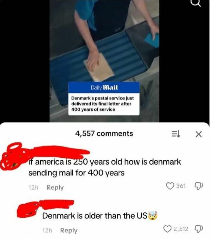 Screenshot of a person asking how Denmark can send mail for 400 years if America is 250 years old, showing confusion about American history.