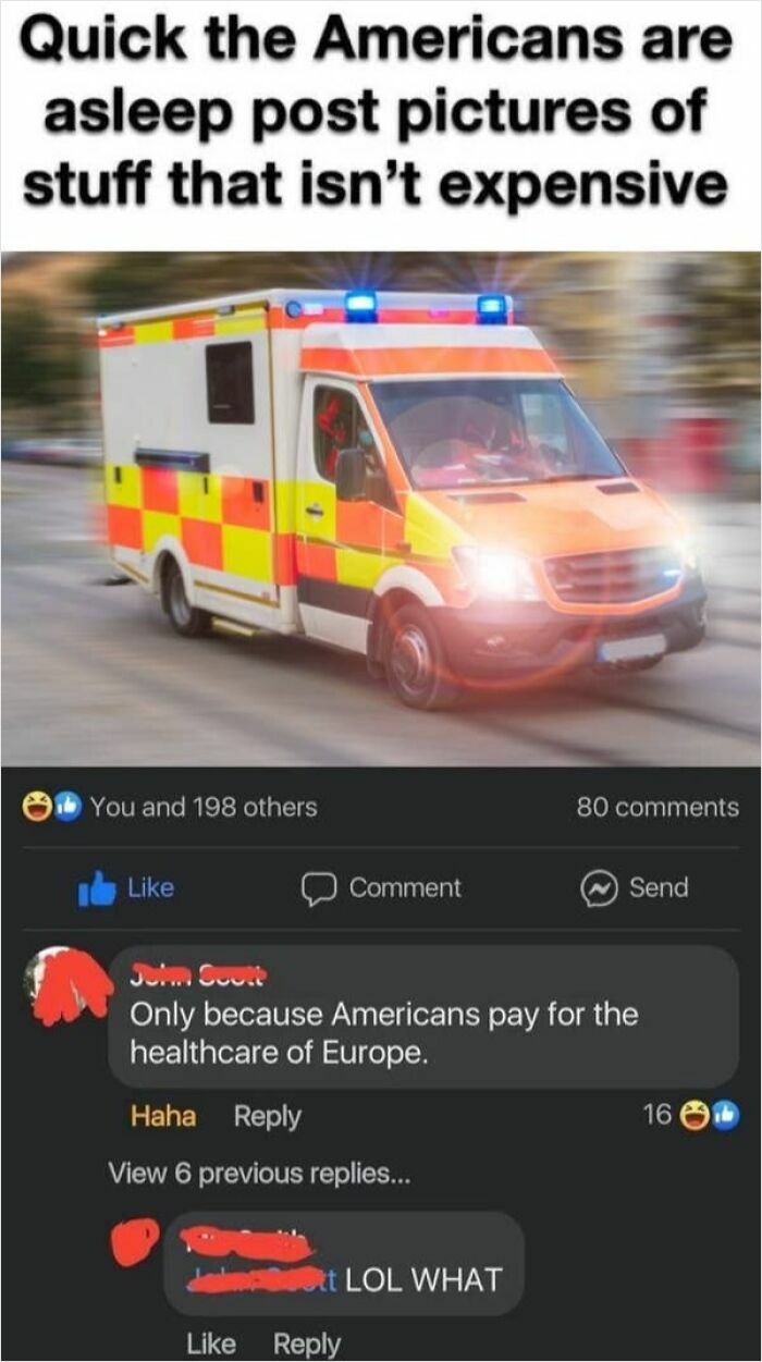 A meme and comments highlighting American confusion about healthcare costs with an image of an ambulance.