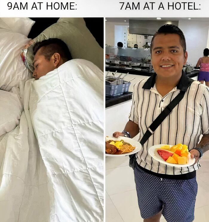 A cringe comparison of a person sleeping at home versus awake and happy at a hotel buffet.