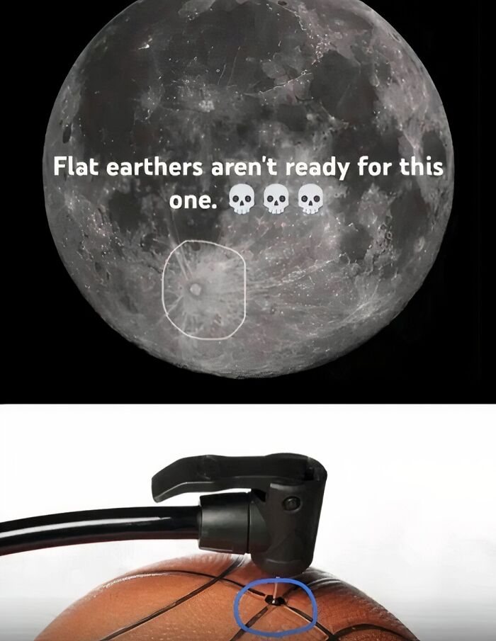A two-panel image, the top showing a moon with a circled area, the bottom showing a basketball being inflated, a cringe comparison.