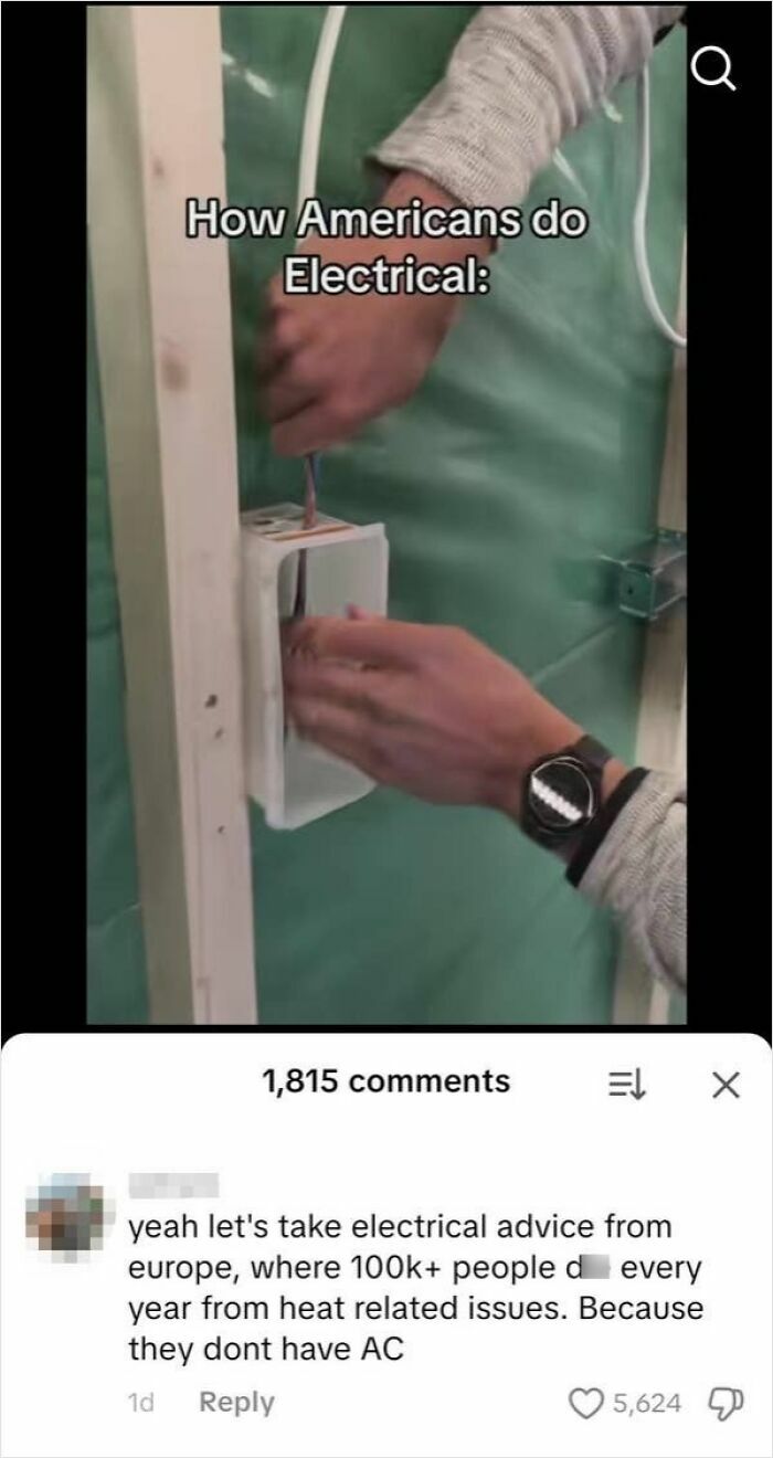 A screenshot showing a video titled How Americans do Electrical with a comment about Europeans and heat-related issues, proving people from the US are confused.