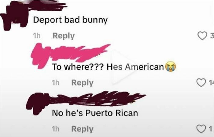 A social media exchange debating Bad Bunny's nationality, with one user claiming he's American, proving people are confused.