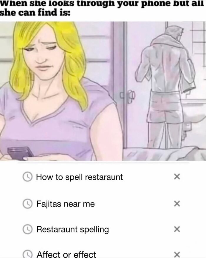 Relatable cringe image of search history with common spelling and grammar questions.
