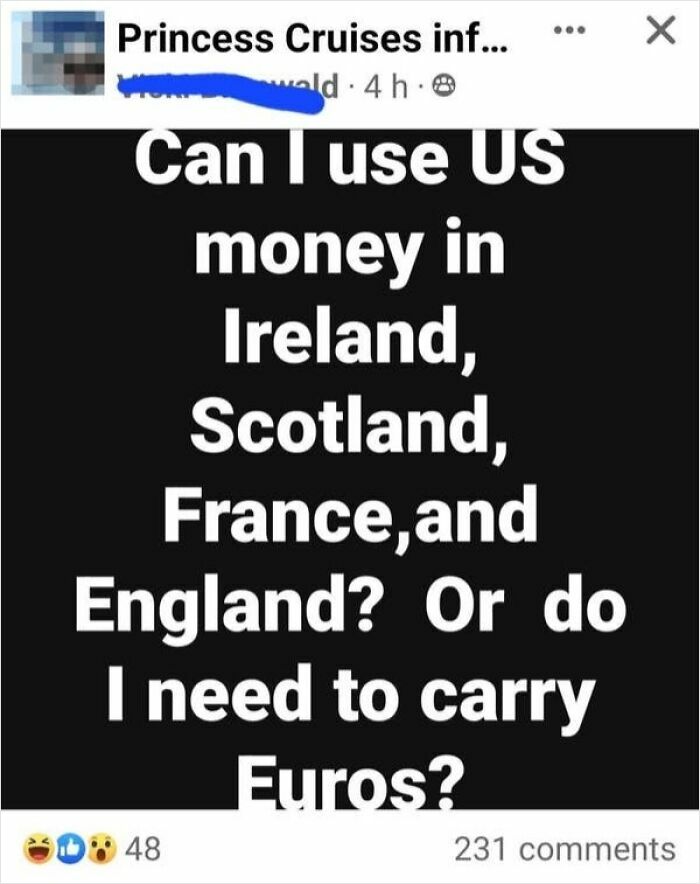A Facebook post asking if US money can be used in European countries, showcasing American confusion about international currency.