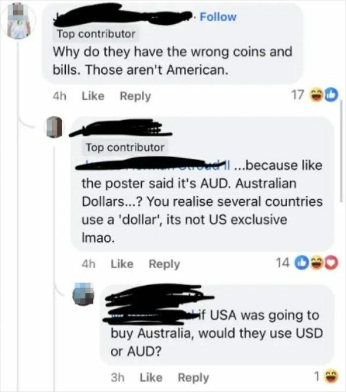Screenshot showing an American confused about other countries using dollar currency, specifically Australian Dollars.