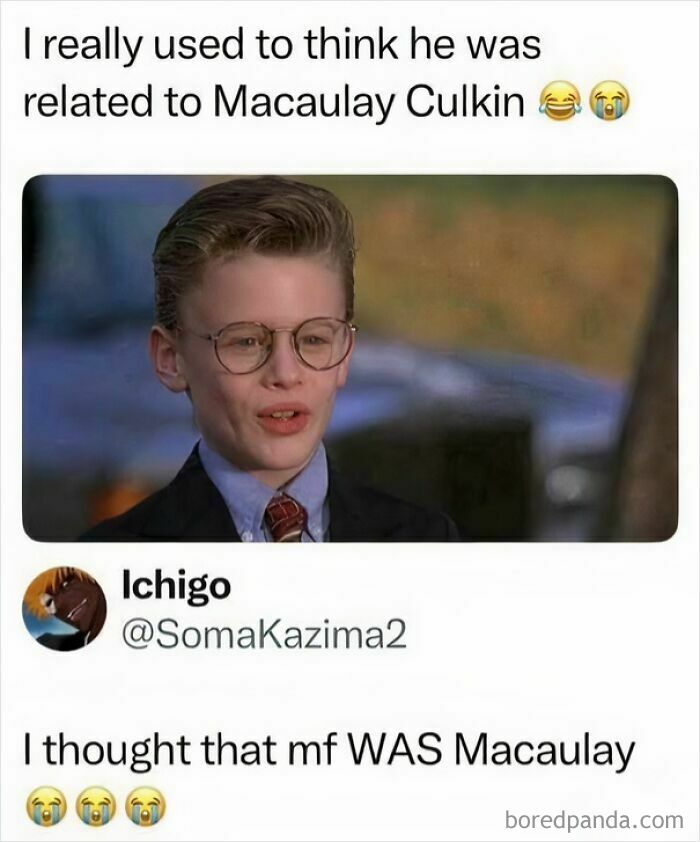 A young boy resembling Macaulay Culkin, a throwback meme for true 90s kids.