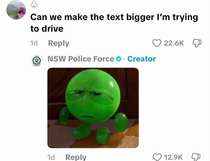 A cringe meme response from NSW Police Force with a sad green animated character.