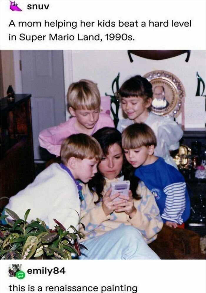 A mom and four 90s kids looking at a Game Boy, a throwback meme for true 90s kids.