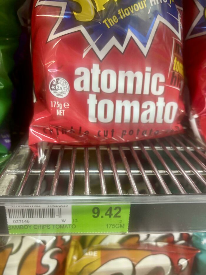 A bag of Atomic Tomato potato chips on a store shelf, priced at $9.42. This is an interesting post for an Aussie.