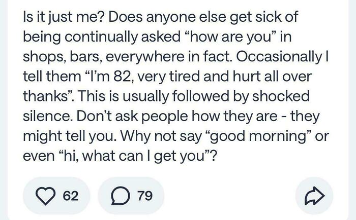 A screenshot from a neighborhood online community about a funny response to How are you. Wild screenshots from online communities.
