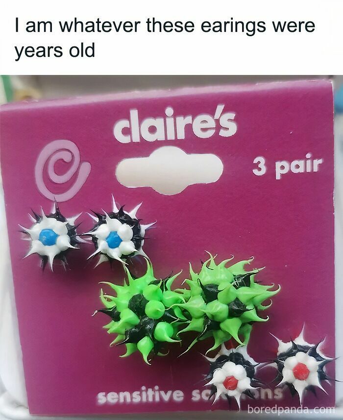 Spiky earrings on a Claire's card, a nostalgic throwback meme for true 90s kids.
