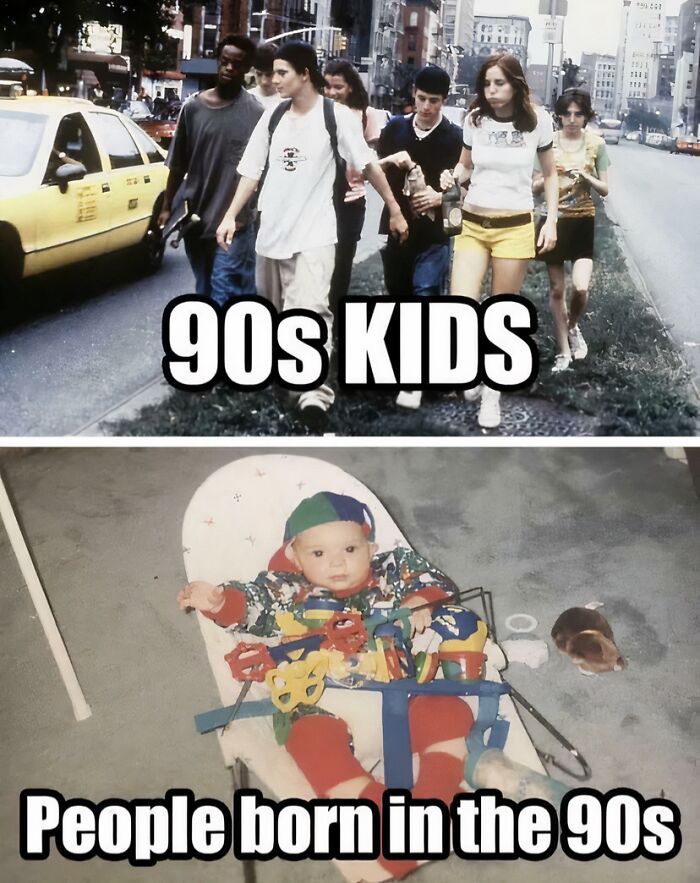 Two images, one showing 90s kids walking in a city, the other a baby from the 90s, a throwback meme.