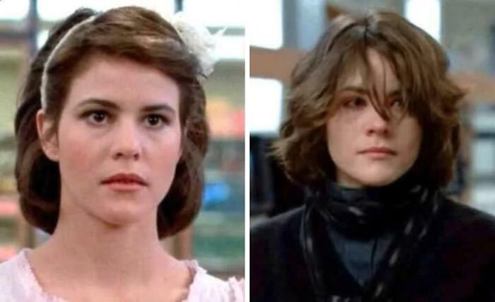Split image of a woman with a headband on the left and the same woman with short, messy hair on the right, from a movie with nonsensical details.