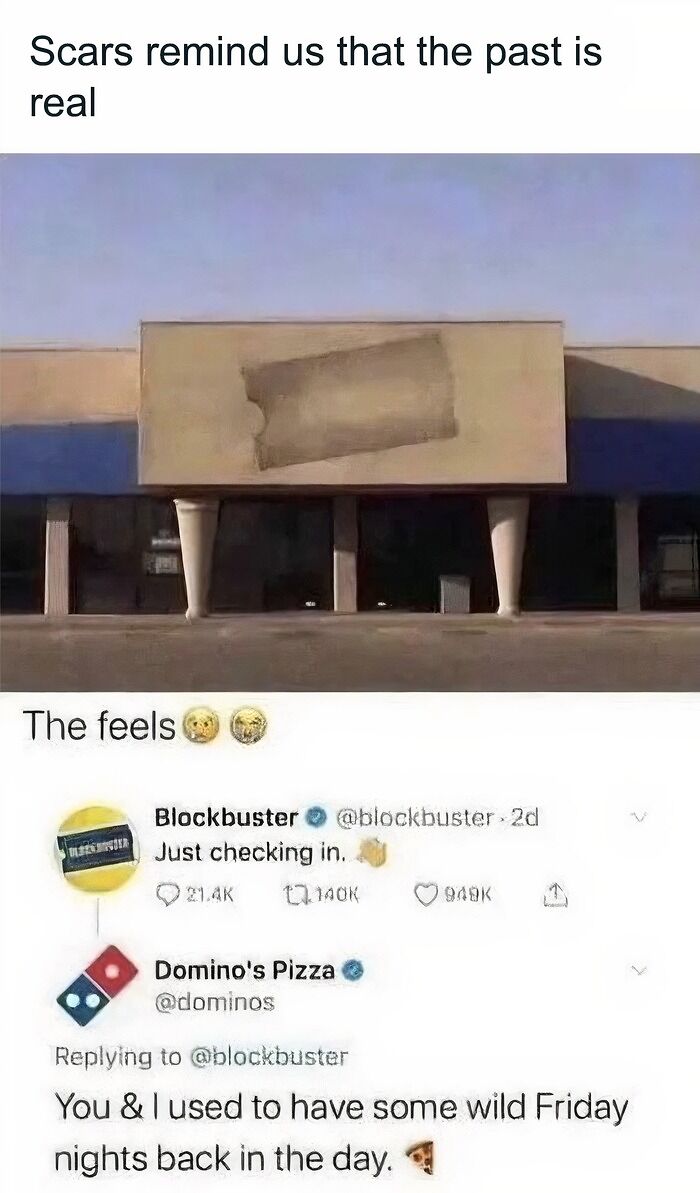 A Blockbuster Video store, now empty, with a tweet about Blockbuster and Dominos pizza, for 90s kids memes.