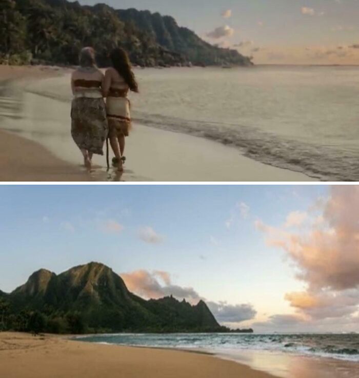 Hilarious movie details: Two scenes of a beach with mountains, one with two people walking.