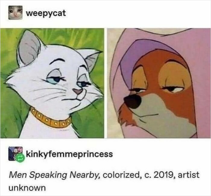 A meme with a cat and a fox looking unimpressed with the caption Men Speaking Nearby, c. 2019, artist unknown.