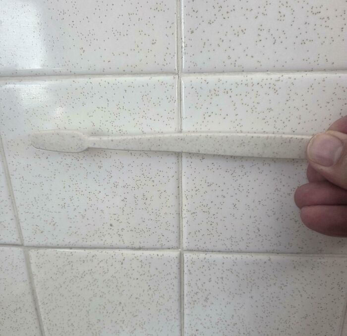 A white toothbrush held against a speckled white tiled wall, creating incredibly satisfying paint matches.