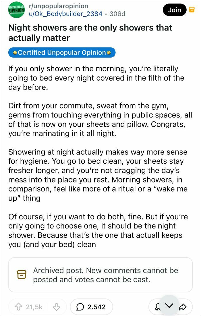 Unpopular opinion about night showers being the only ones that matter, for new posts.