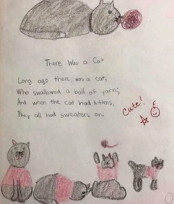 An aww-worthy drawing of a cat and kittens with a humorous poem about a cat swallowing yarn, lifting spirits.