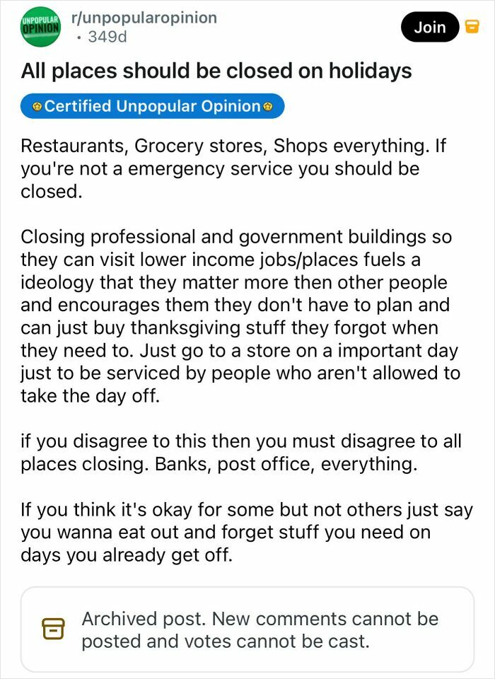A bold take proposing all places should be closed on holidays, an idea that may change the way you see everyday things.