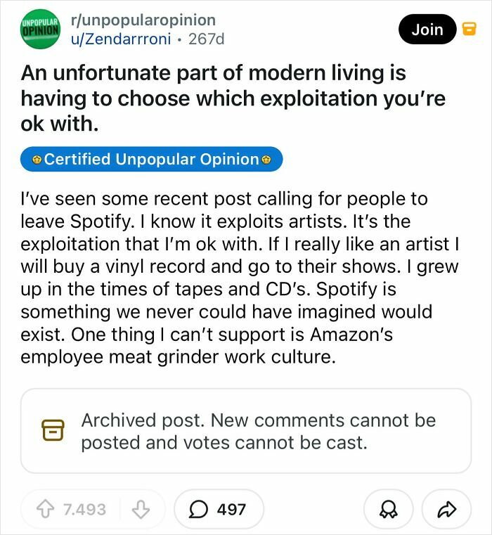An unpopular Reddit opinion discussing modern living and choosing which exploitation you're okay with, a bold take.